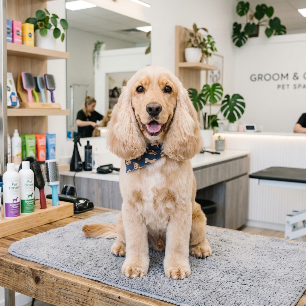 Cocker Spaniel después del servicio en Luxe Canine