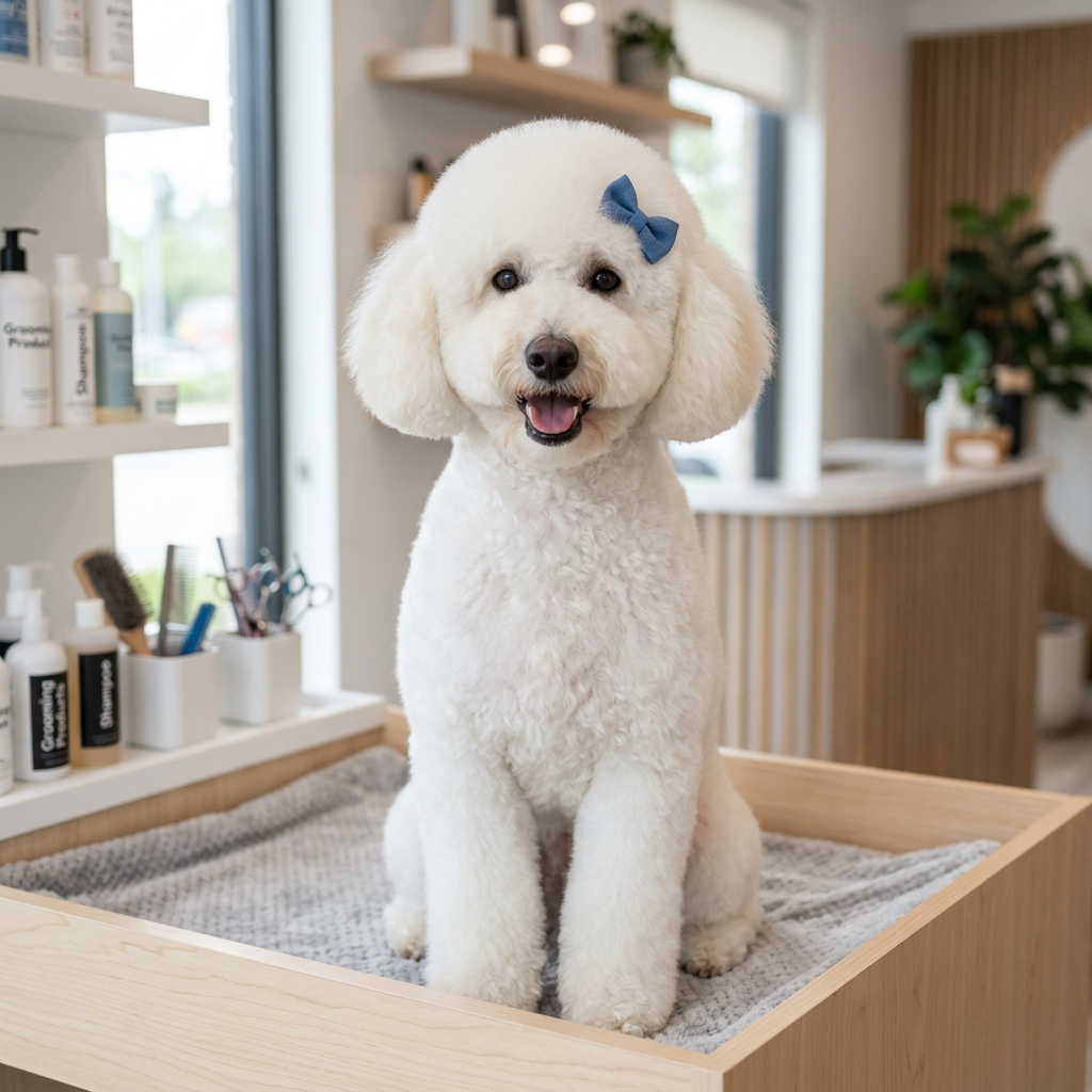 Poodle después del servicio en Luxe Canine